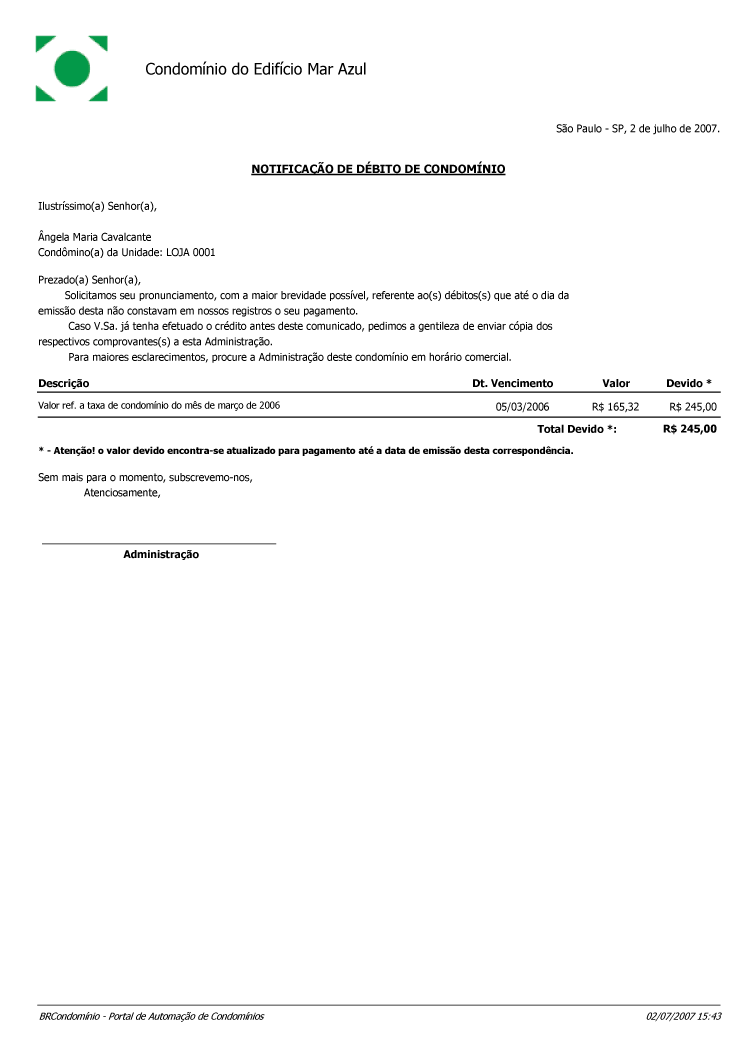 Condomínio Cartas de Débito com Juros/Multa